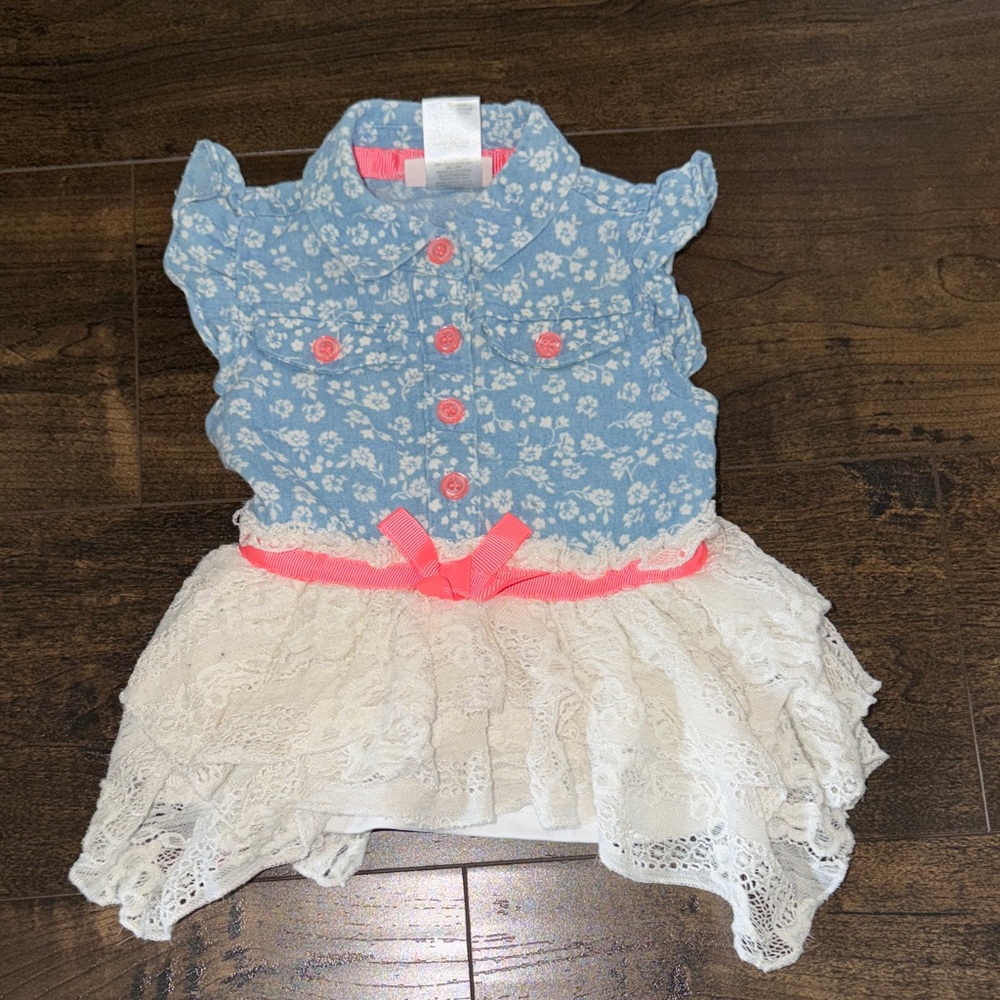 Floral Denim and Lace Ruffle Sleeve Neon Ribbon Belt Dress